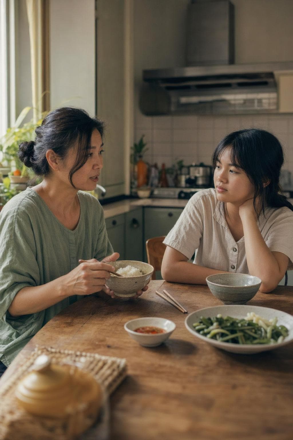 A Vietnamese-American mother and her teenage daughter at a quiet dinner table in afternoon light.