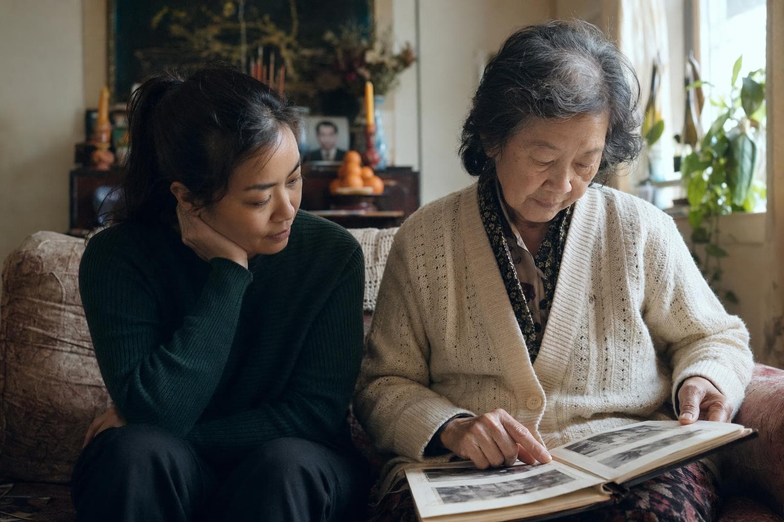An adult Vietnamese-American daughter sitting beside her elderly mother looking at a photo album.