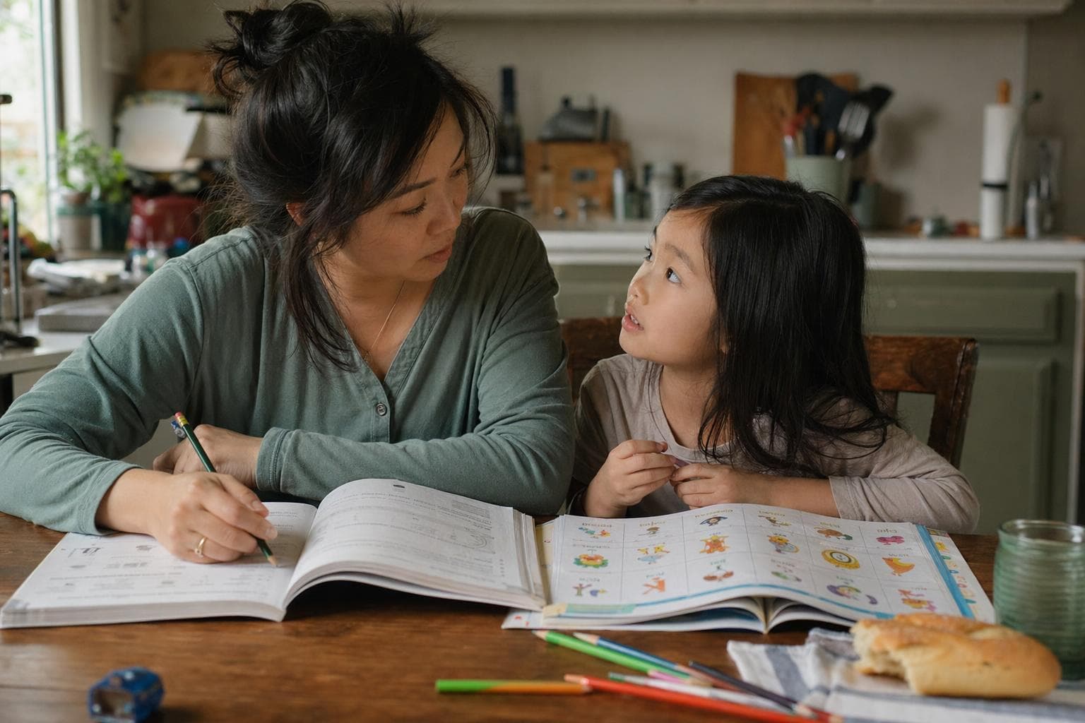 A Vietnamese-American mother helping her young child with homework in a sunlit kitchen.