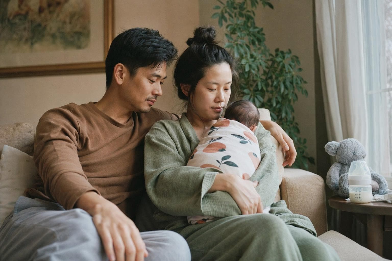 A Vietnamese couple holding a newborn by bedside light in the middle of the night.