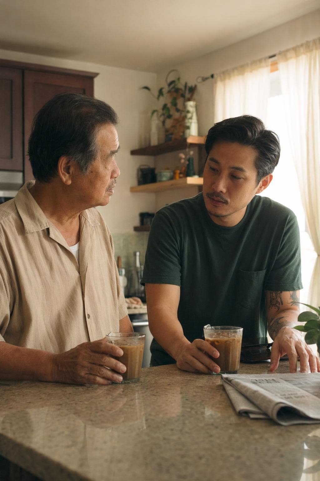 A Vietnamese-American father and his adult son standing in a kitchen with coffee, mid-conversation.